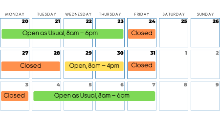 A calendar covering Monday 20th December 2021 until Sunday 9th January 2022, which highlights when Ship It Appliances is open and closed.